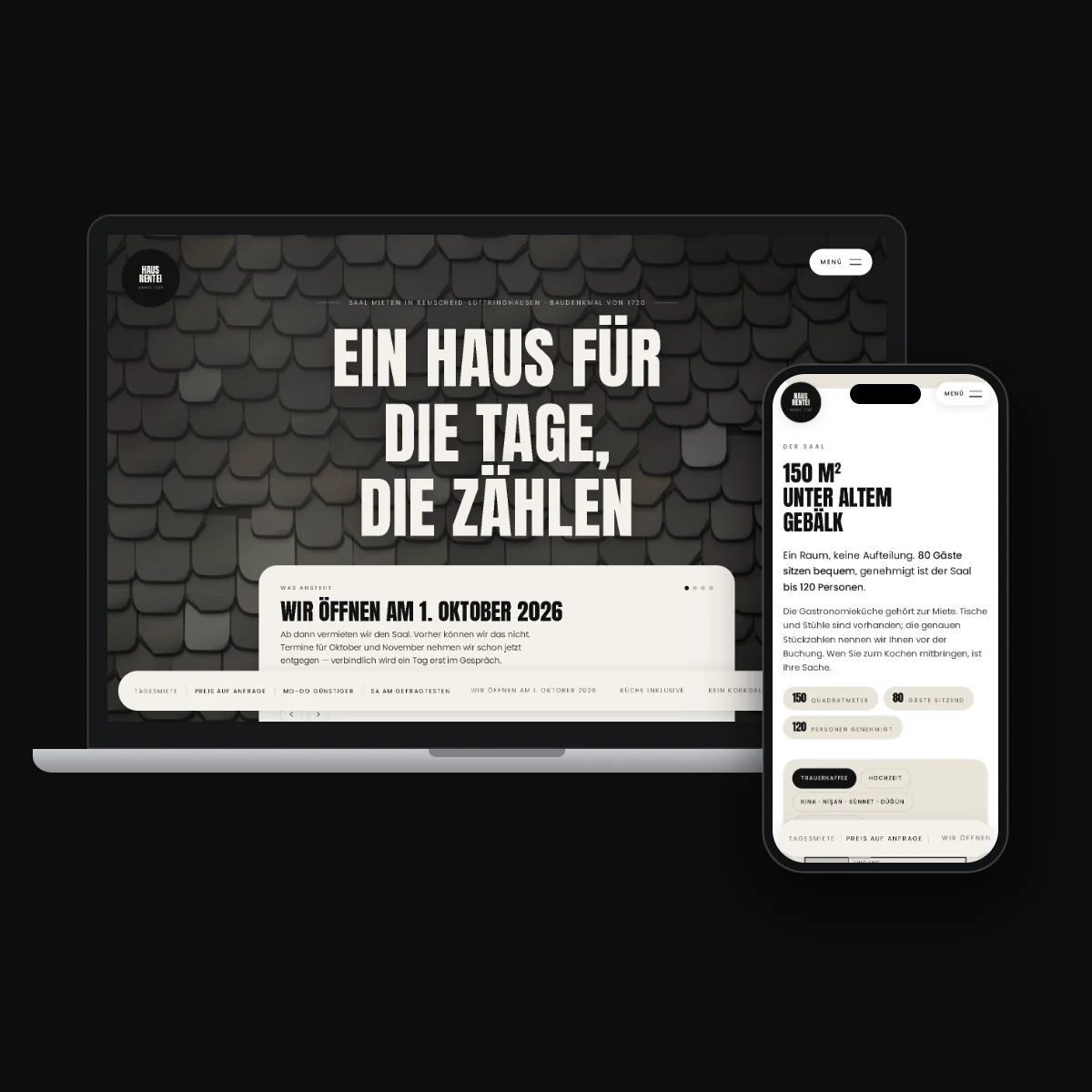 Website eines Veranstaltungssaals im Baudenkmal von 1720